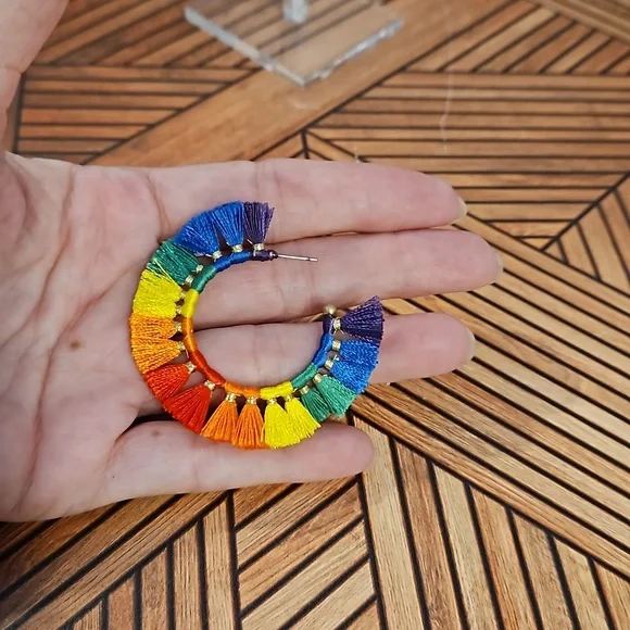 Rainbow fringe tassel hoop pierced earrings boho festival primary colors NIP - Picture 4 of 5